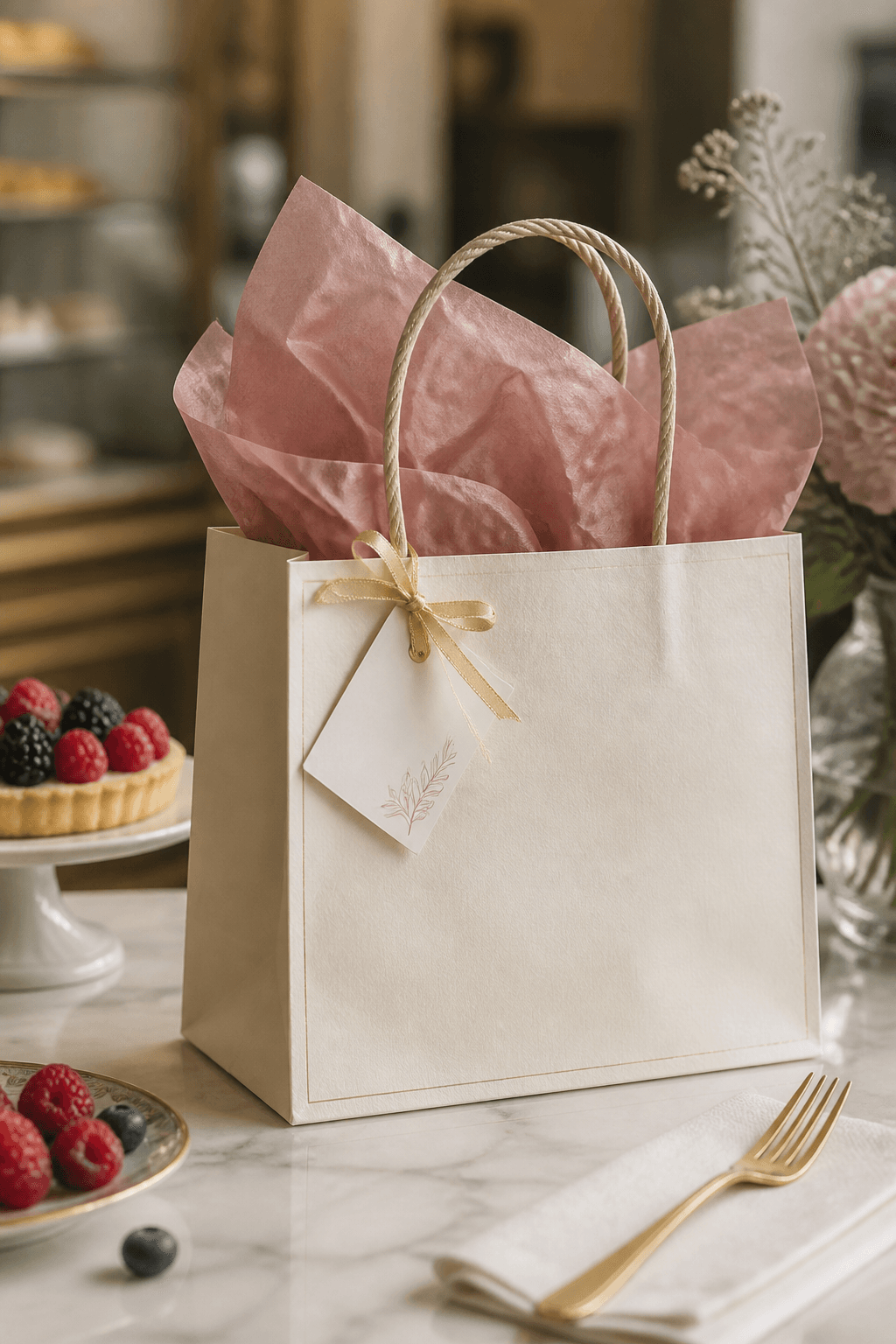 Cream gift bag with rose tissue and a thank-you tag